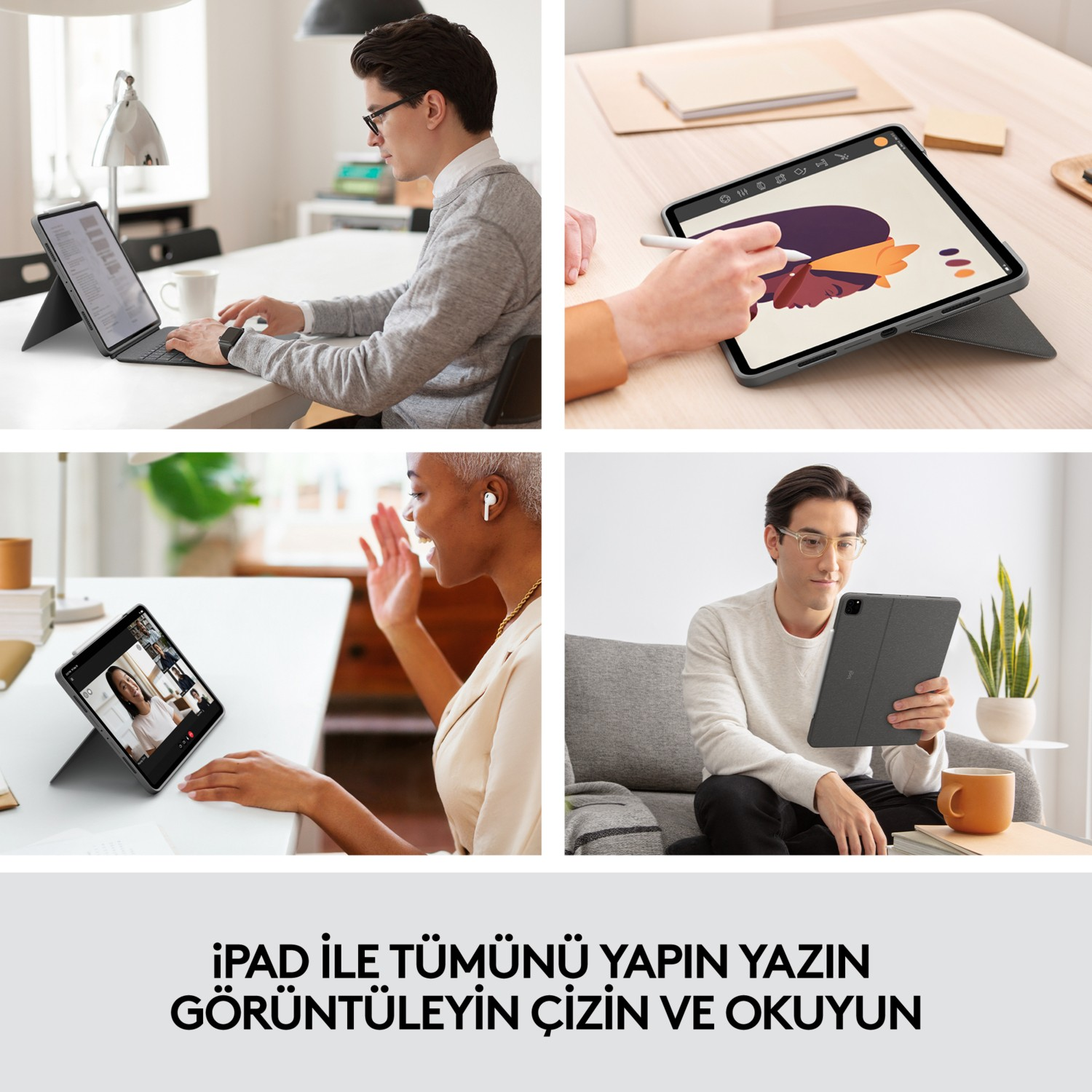 İnsanların iPad'i aksesuarlarla kullandığı dört fotoğraf ve altta metin.