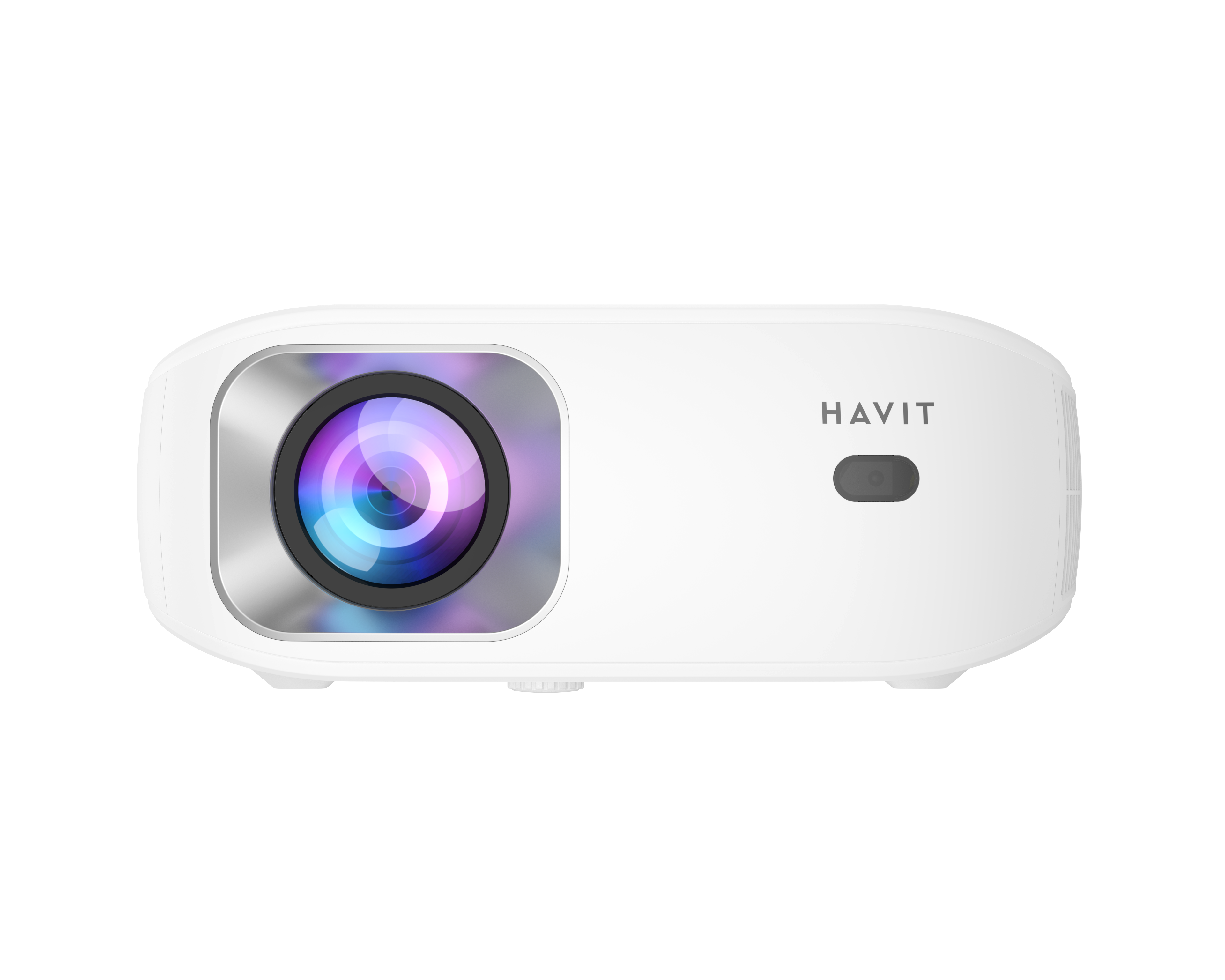 Beyaz bir HAVIT projektörü, üstten görünüm, bir lens ve bir güç düğmesi ile.