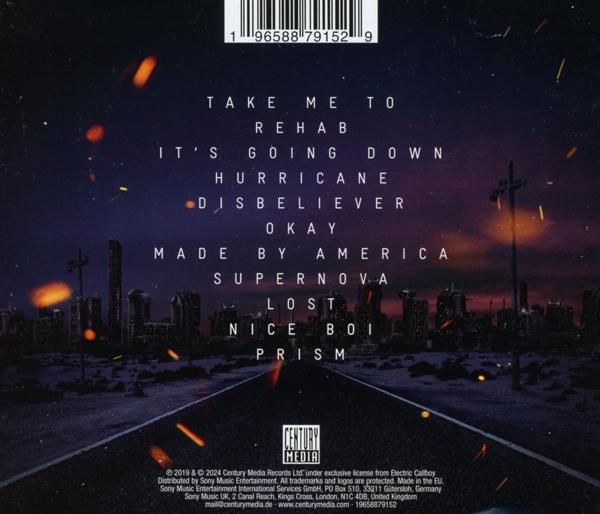 Rückseite des Albums mit Songtiteln über einer Stadtlandschaft.