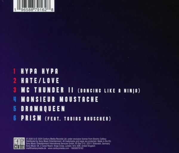 CD-Rückseite mit Titelliste: Hypa Hypa, Hate/Love, MC Thunder II, Monsieur Moustache, Dramaqueen, Prism.