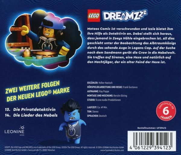 Die Rückseite einer LEGO Dreamzzz-Box. Buntes Design mit Lego-Figuren und Text auf Deutsch.