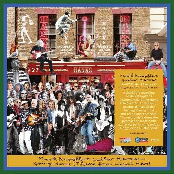 Albumcover mit Musikern und Gitarren, rotes Gebäude und Text: Guitar Heroes.