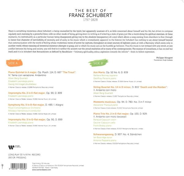 Albumcover für „The Best of Franz Schubert“ mit Text und einem Bild einer Schallplatte.