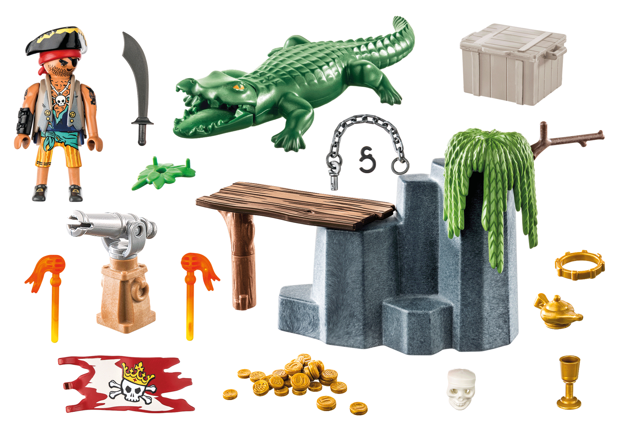 Piraten-Spielzeugset mit Piratenfigur, Alligator, Schatzkiste und anderem Zubehör auf Weiß.