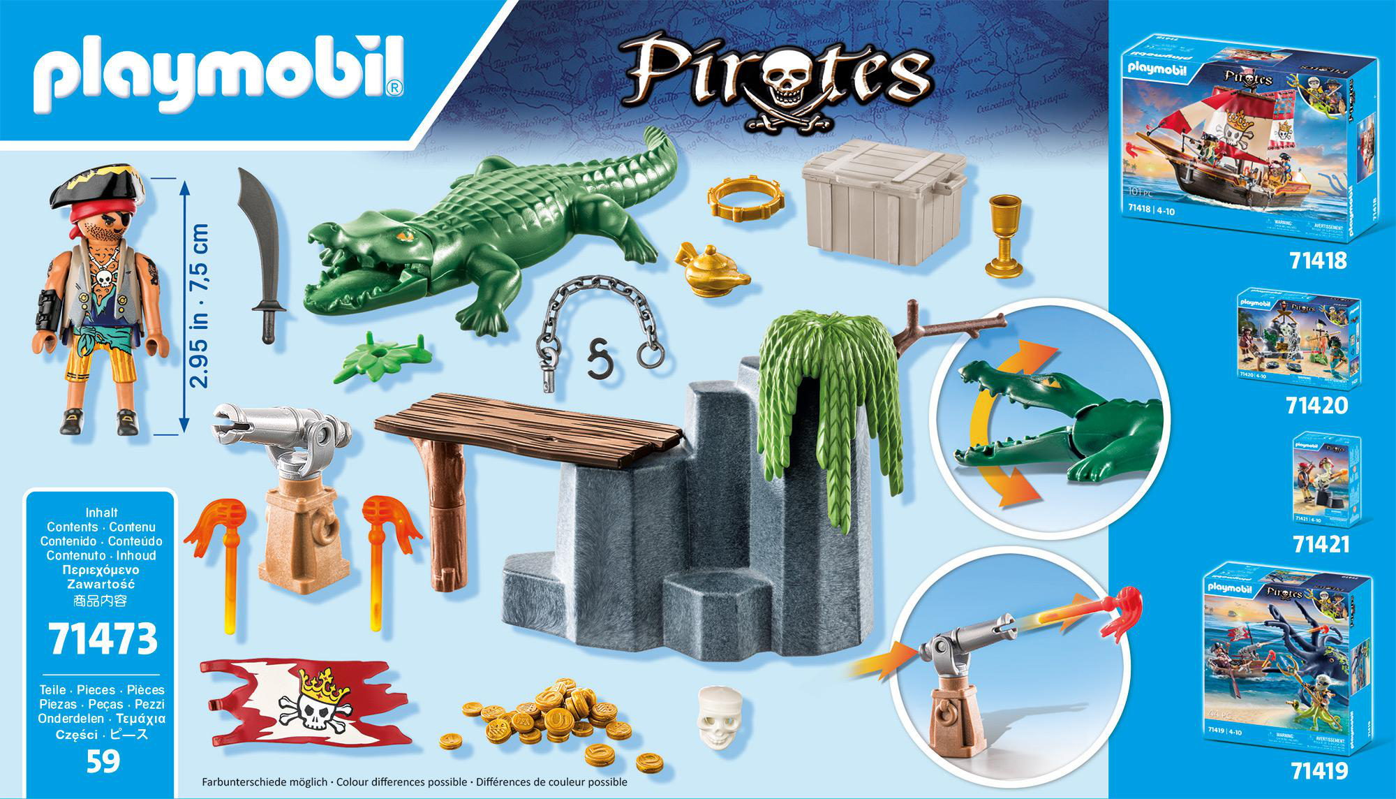 Playmobil Piraten-Set mit Figuren, einem Schiff, Zubehör und Anweisungen. Enthält einen Piraten, Schatz und Krokodil.