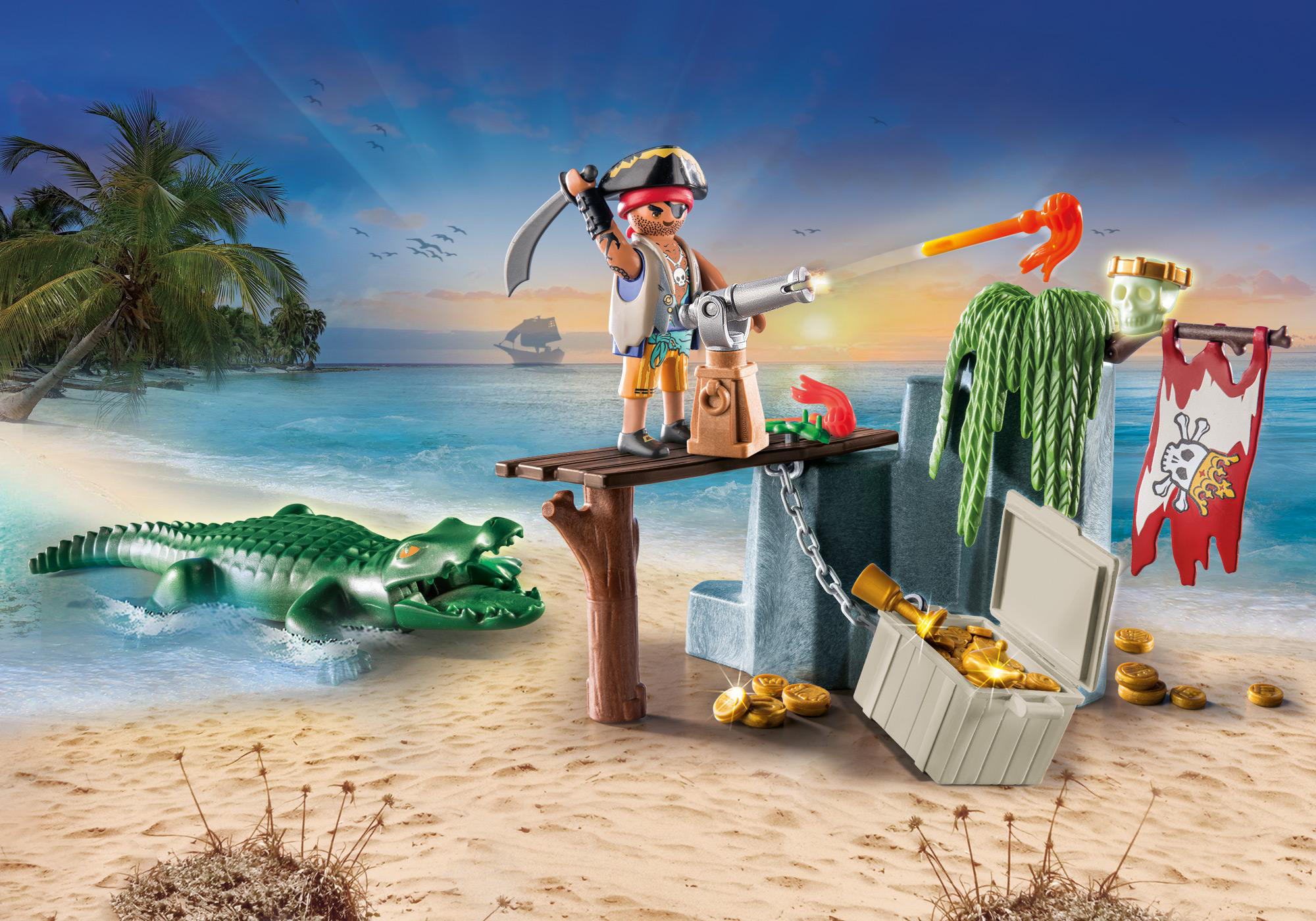 Eine Playmobil-Piratenfigur, die eine Kanone abfeuert, mit Krokodil und Schatzkiste am Strand.