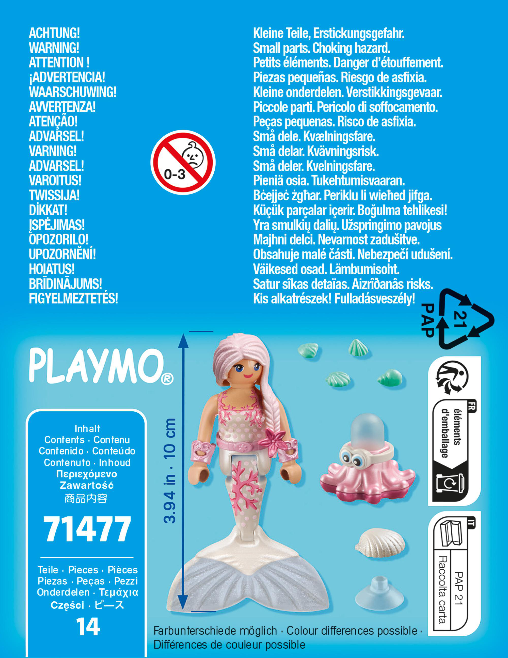 Eine Meerjungfrauenpuppe mit rosa Haaren, Korallenschwanz und einem kleinen rosa Oktopus-Spielzeug.