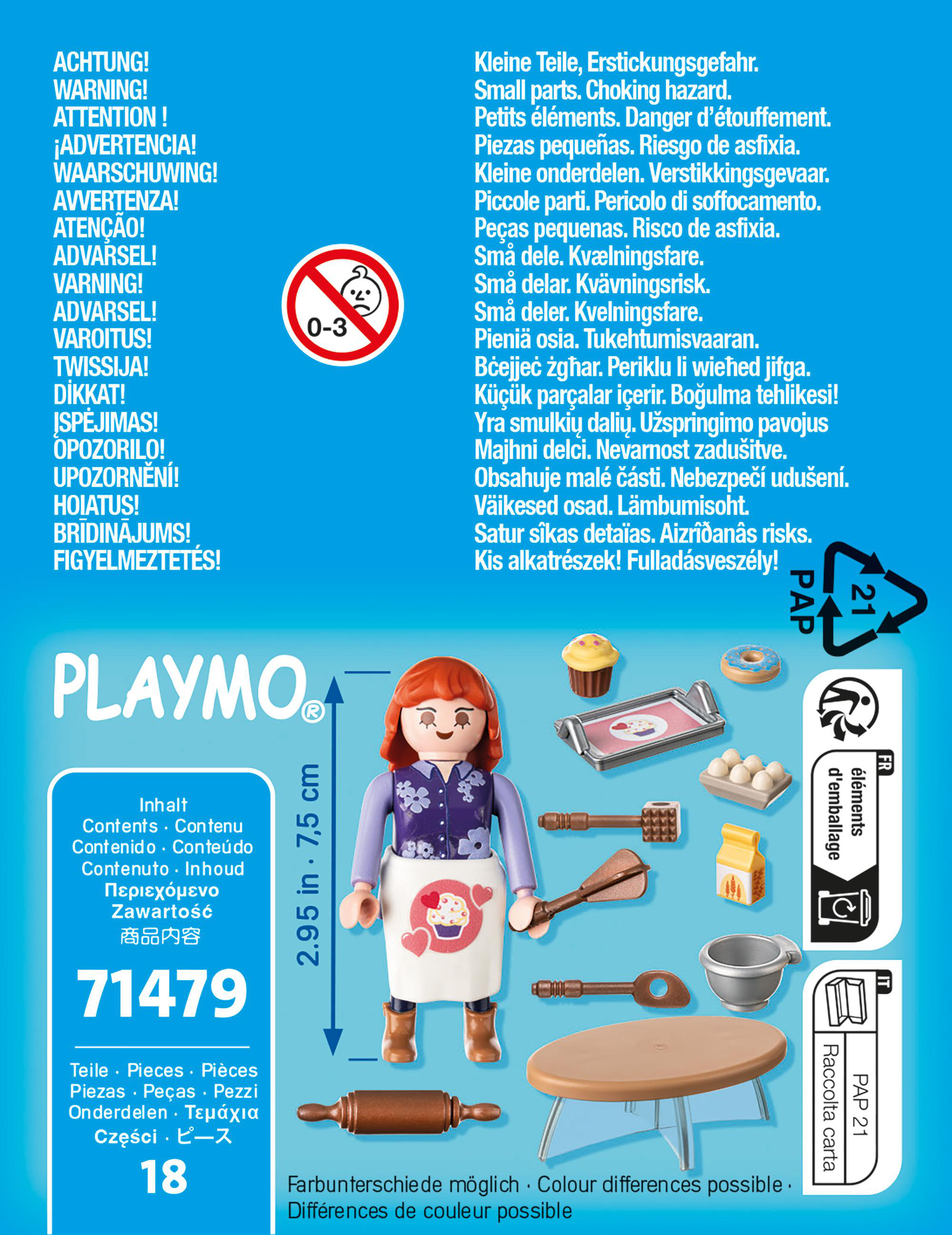 Eine Playmobil-Kochfigur mit Zubehör und einem Warnhinweis.