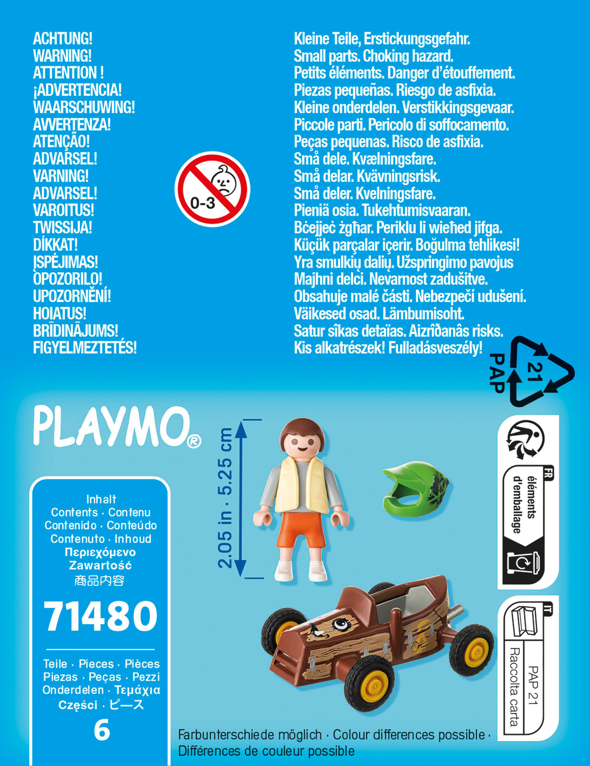 Ein Playmobil-Spielzeugset mit einer Figur, einem Rennwagen und Zubehör. Enthält Warnungen und Anweisungen.