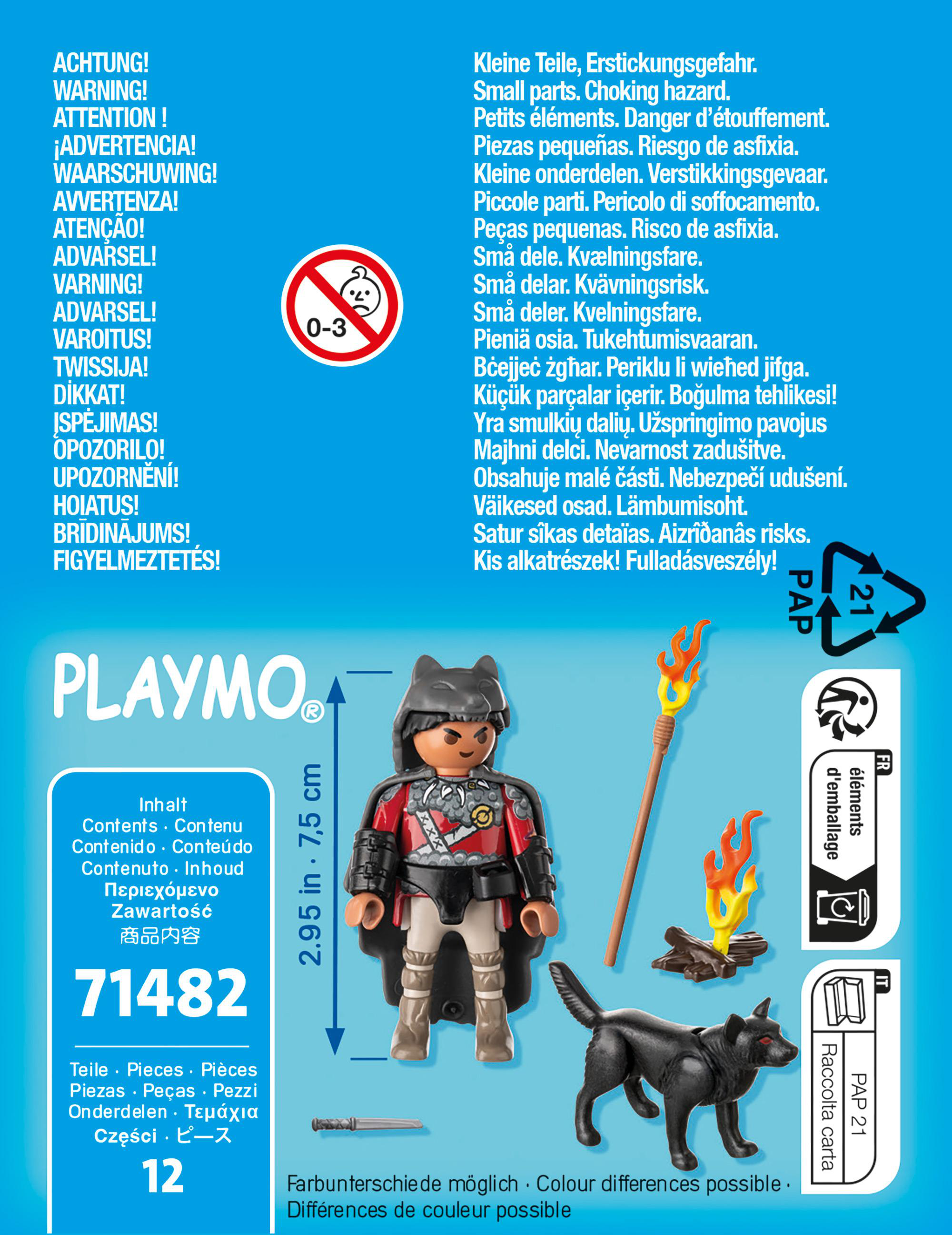 Playmobil-Box mit Spielfigur, Feuer und schwarzem Hund. Warnhinweise sind sichtbar.