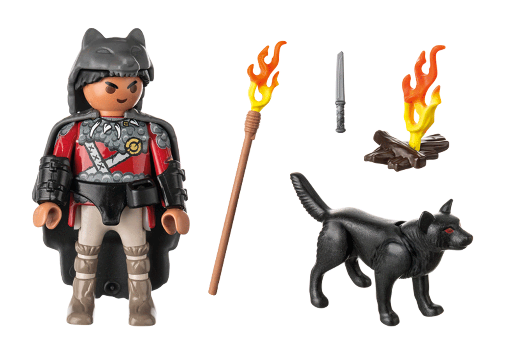 Playmobil-Figur mit Wolfshut, Wolf, Fackel, Messer und Lagerfeuer.