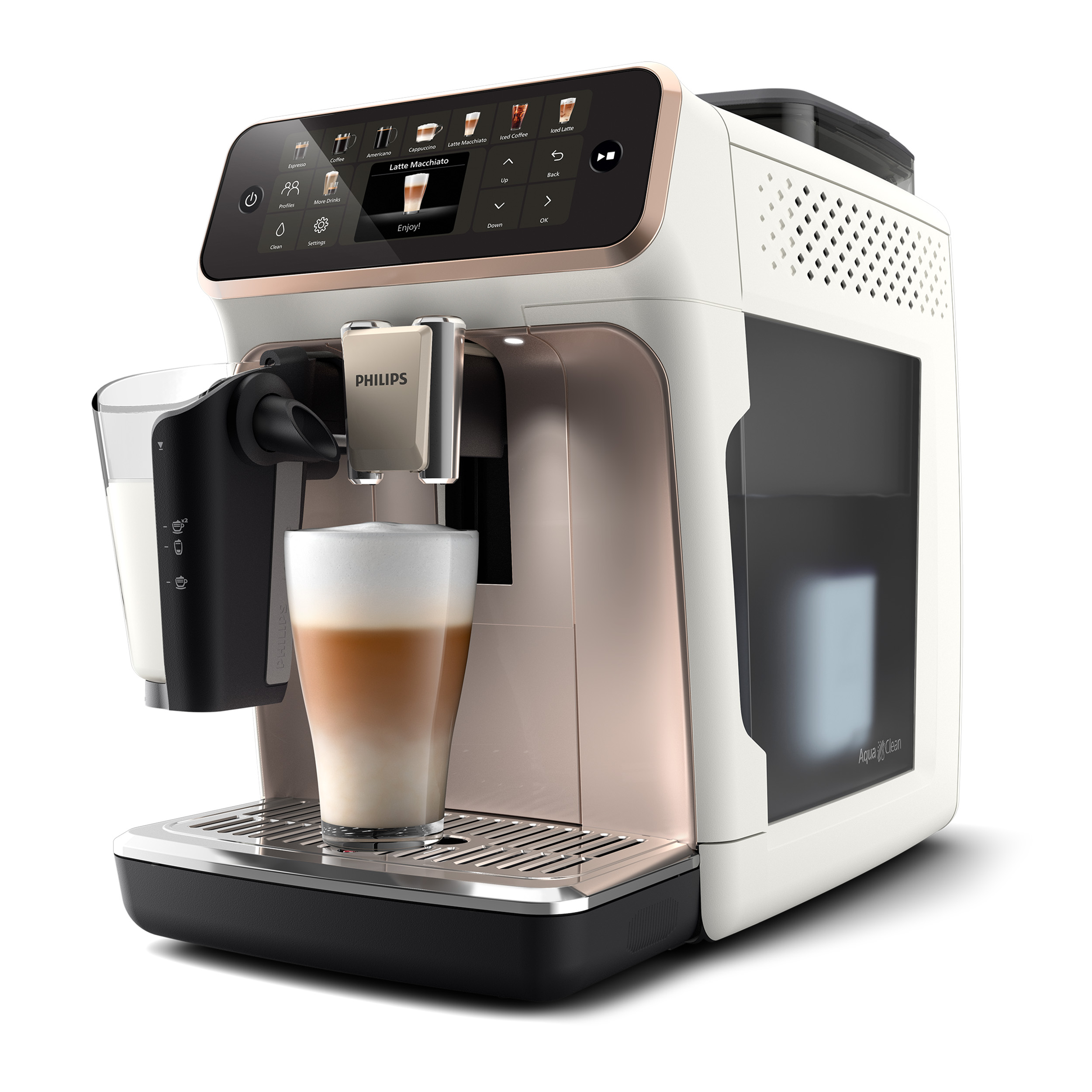 Eine weiß-roségoldene Kaffeemaschine, bei der ein Latte zubereitet wird.