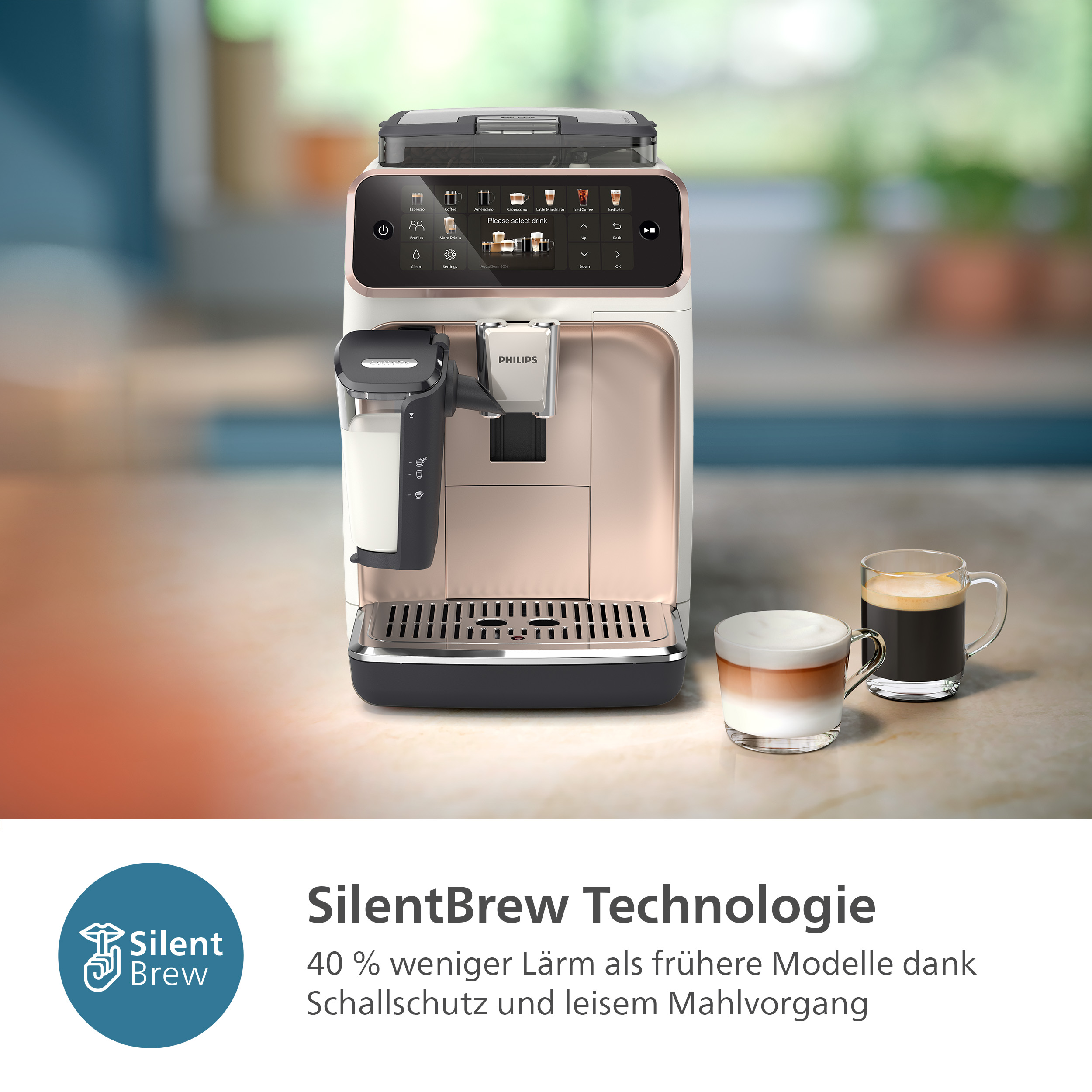 Eine Kaffeemaschine mit Kaffeetassen, die einen Latte und Espresso zeigen.
