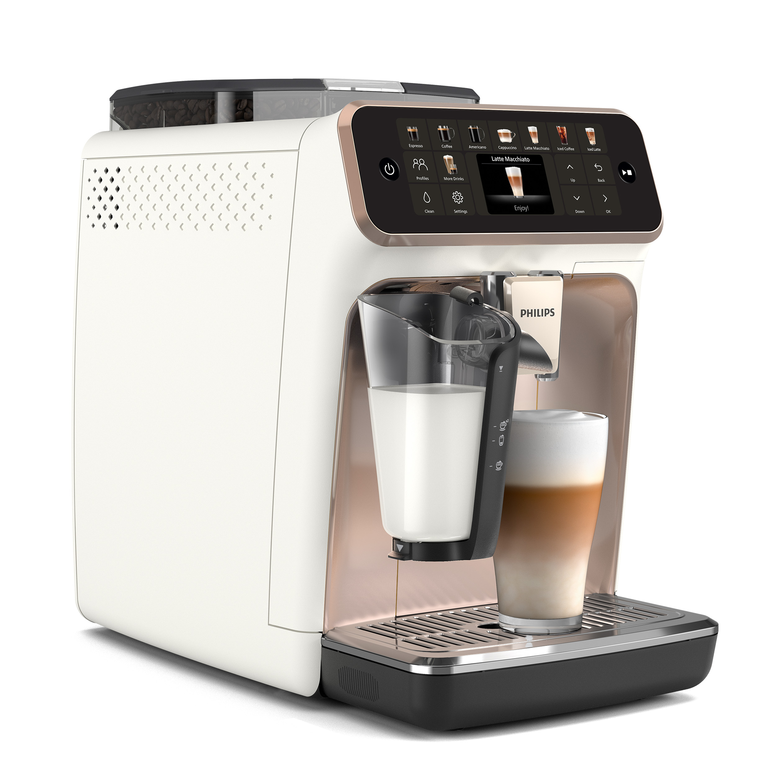 Weiße und goldene Philips Kaffeemaschine, die einen Latte mit Milch zubereitet.
