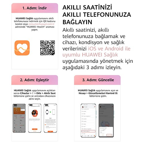 Bir akıllı saati bir akıllı telefona bağlama talimatları, uygulama ekran görüntüleri ve QR kodu illüstrasyonları ile.