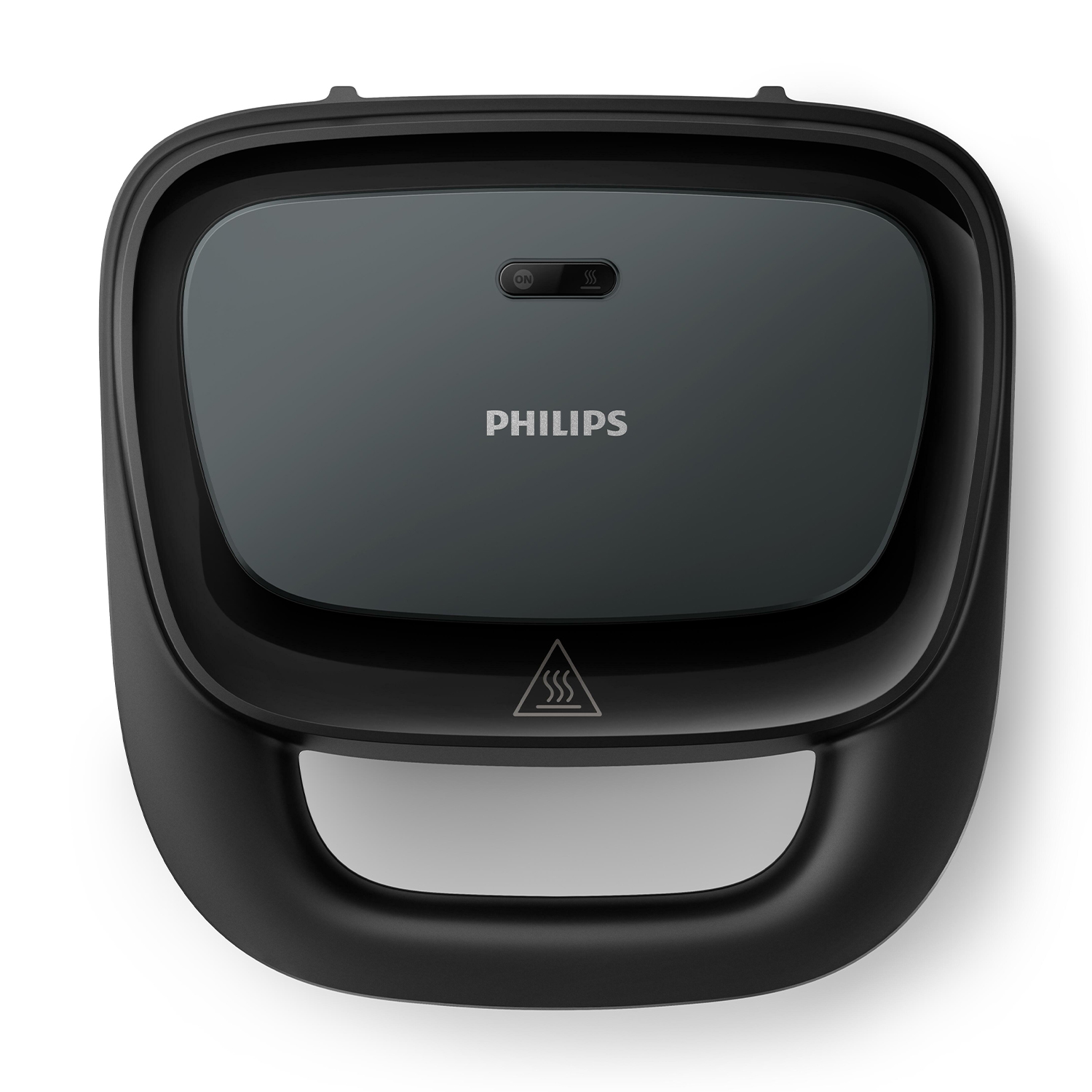 Un sandwich maker Philips nero, vista dall'alto. Ha un coperchio grigio con il logo Philips.