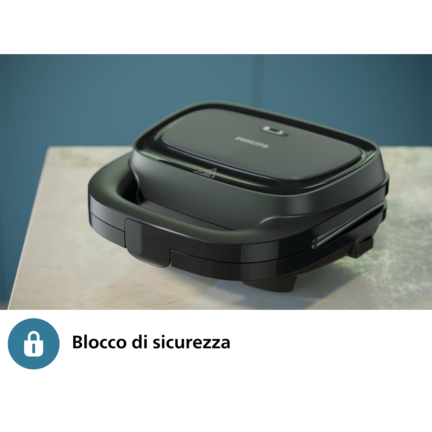 Waffeliera Philips nera con coperchio chiuso, su superficie di marmo.