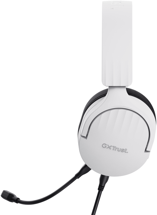 Fehér headset mikrofonnal, fekete kábellel. Ferde nézet fekete háttéren.
