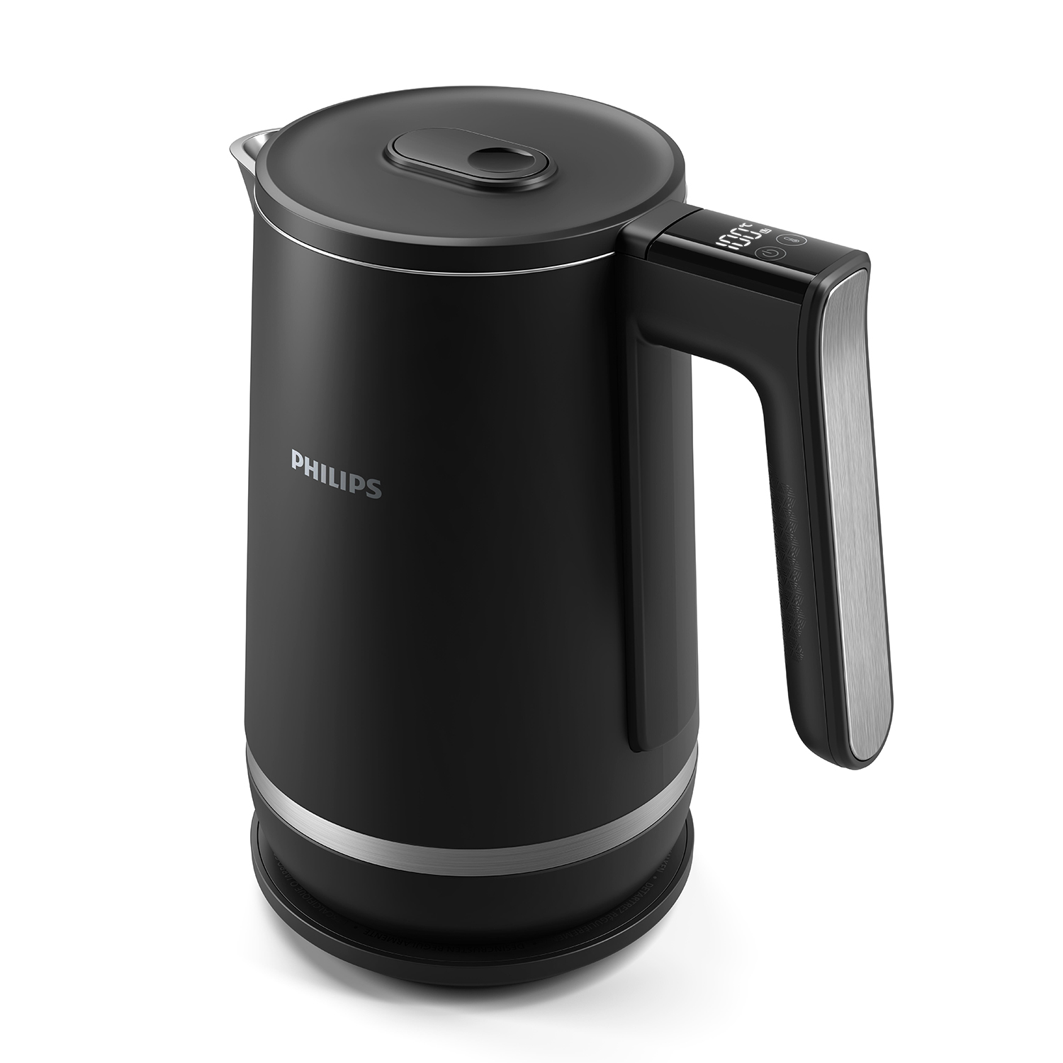 Bollitore elettrico Philips nero con manico, display digitale e sfondo bianco.