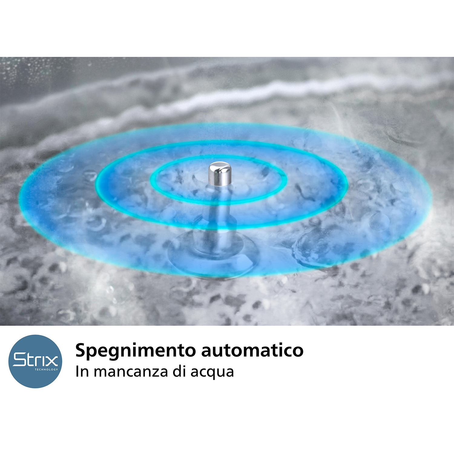 Un primo piano di un dispositivo che emette cerchi concentrici blu nell'acqua.