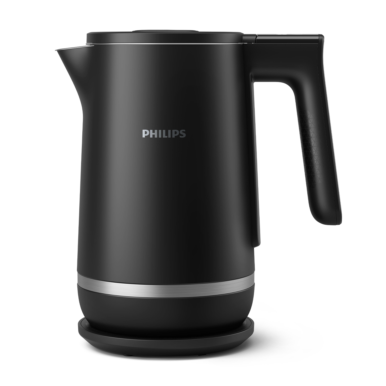 Bollitore elettrico Philips nero su una superficie bianca.