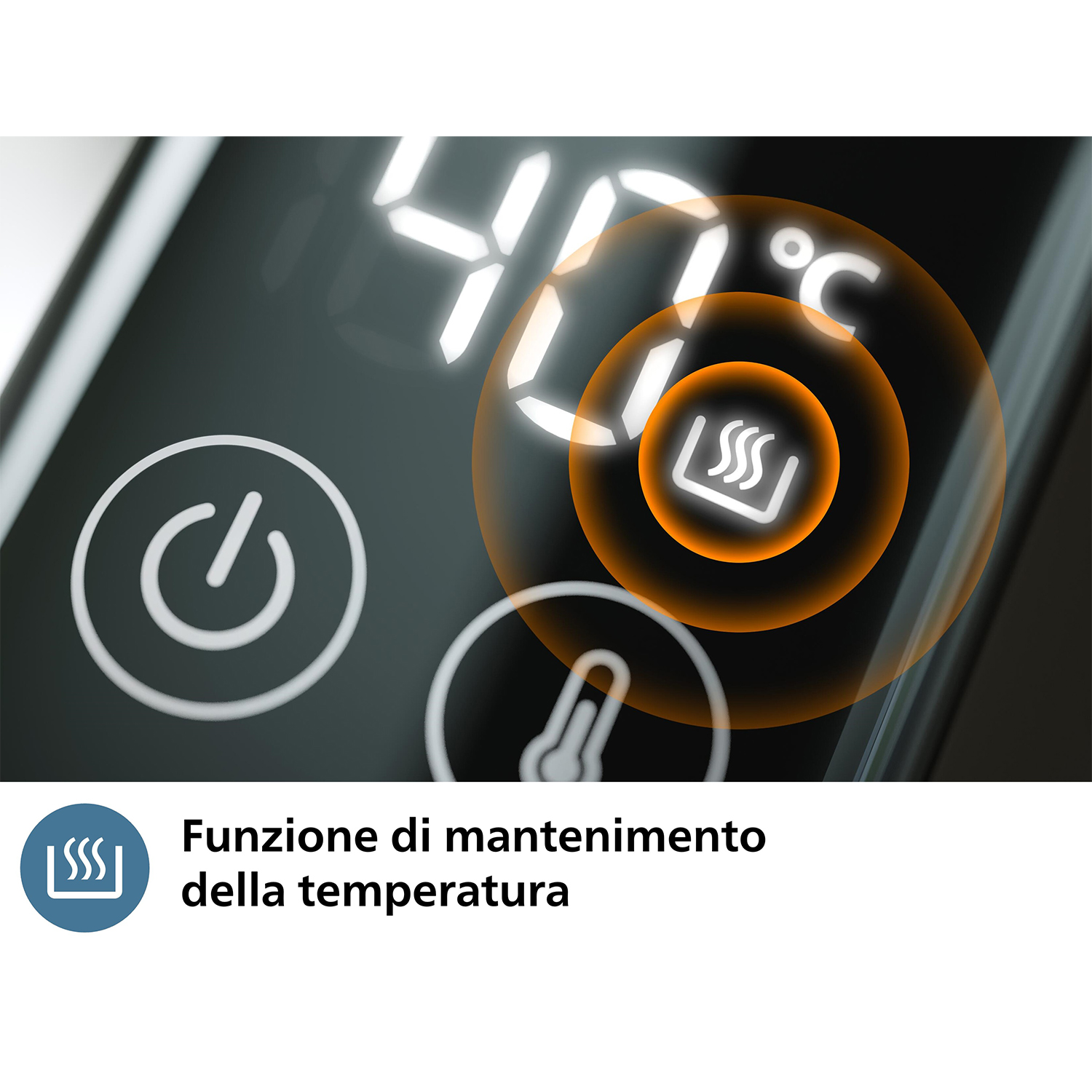 Primo piano di un display digitale che mostra la temperatura e un simbolo di riscaldamento.