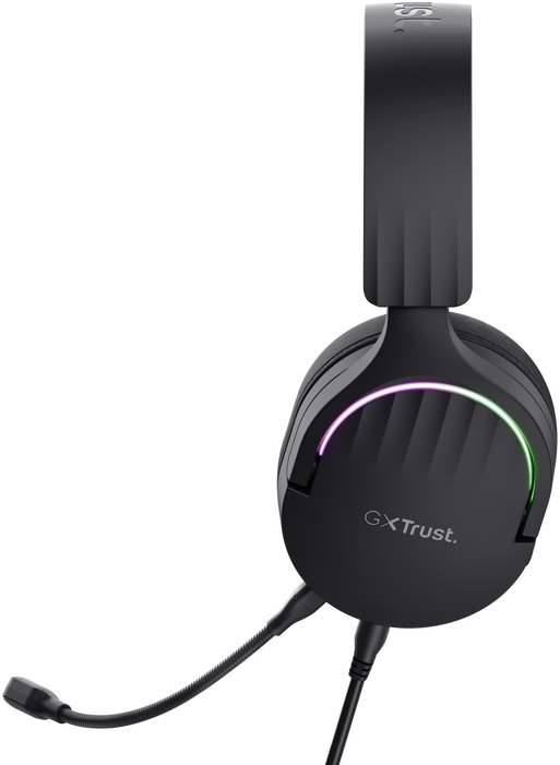 Egy fekete és lila Trust gaming headset.