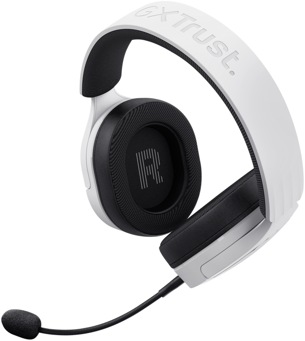 Fehér gamer headset fekete díszítéssel és mikrofonnal. A GX Trust logója látható oldalt.