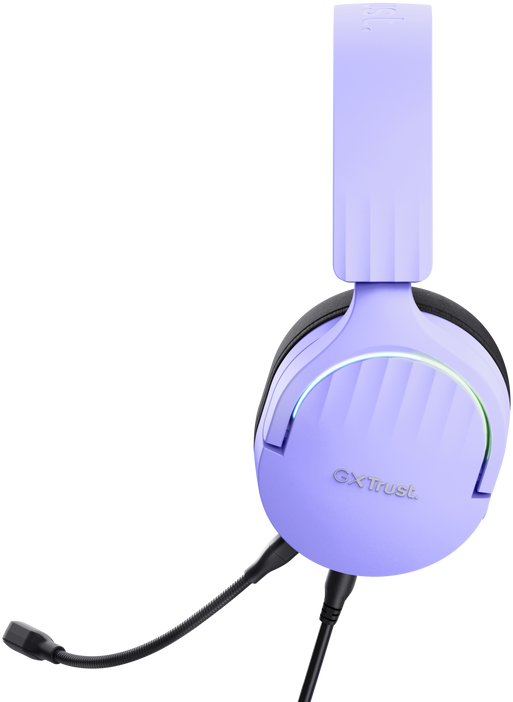 Levendula színű gamer headset mikrofonnal fekete háttéren.