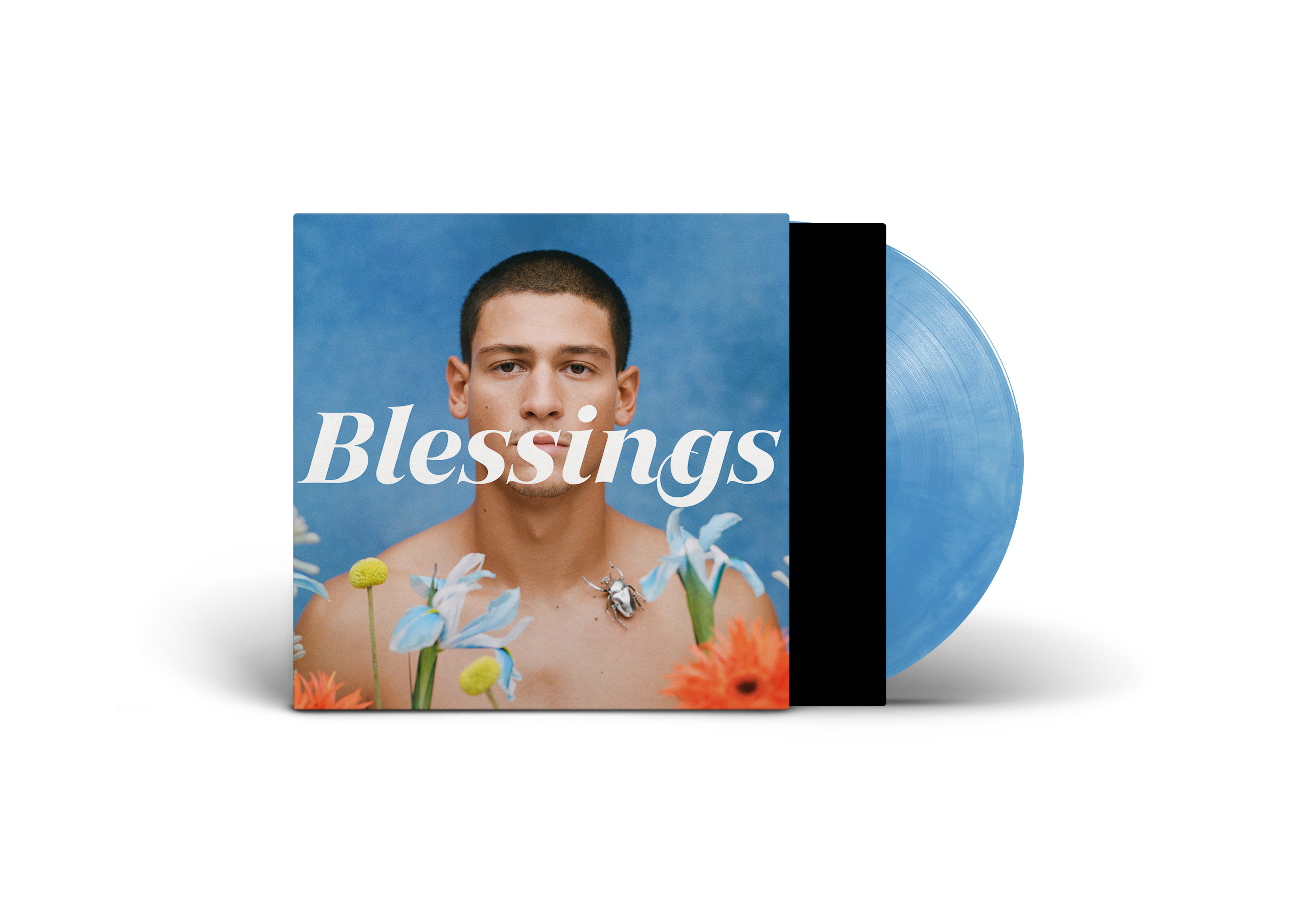 Albumcover mit Mann und Blumen, blaue Vinyl-Schallplatte.