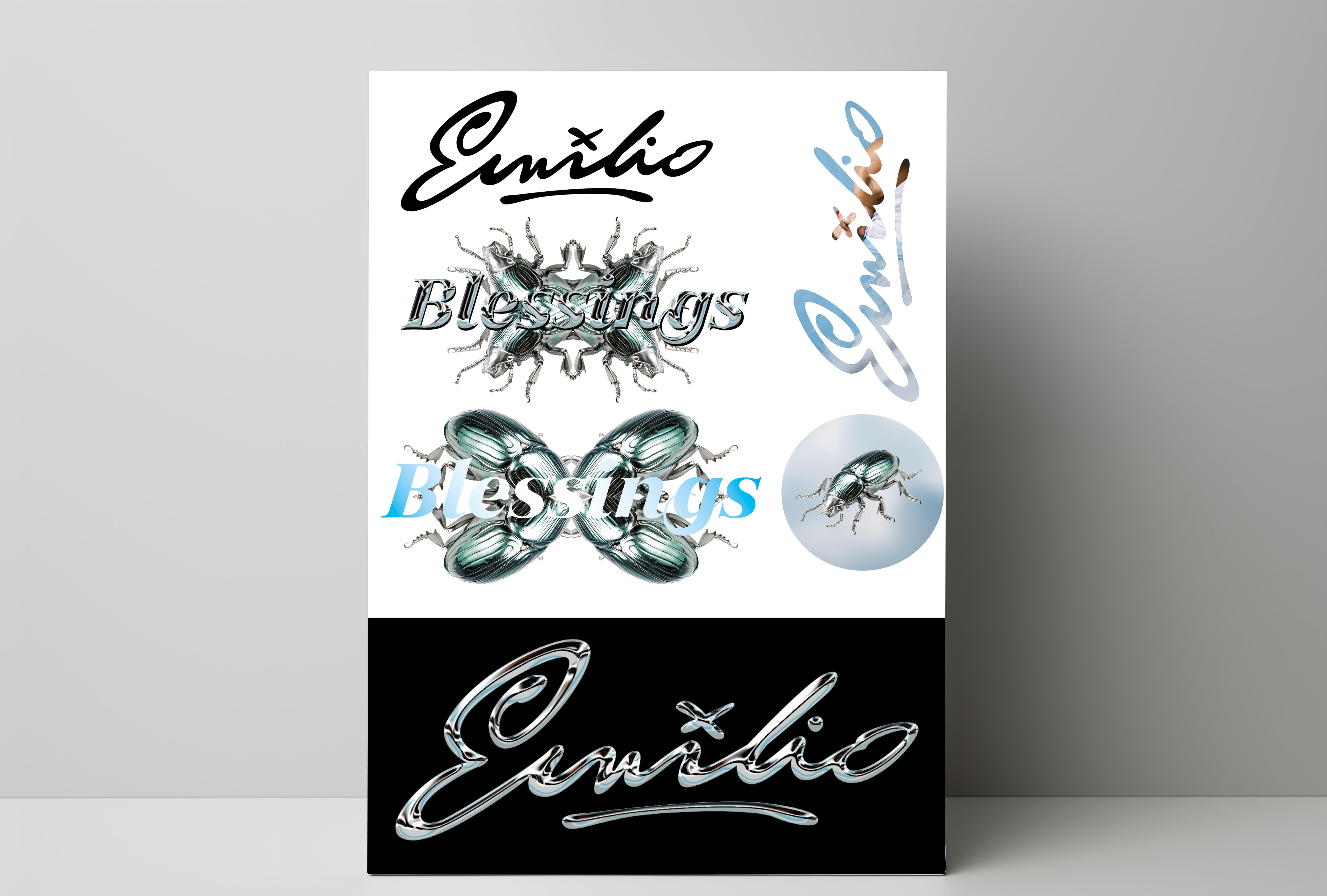 Mehrere Designs mit "Blessings", Emilio-Signatur und Käferbildern.