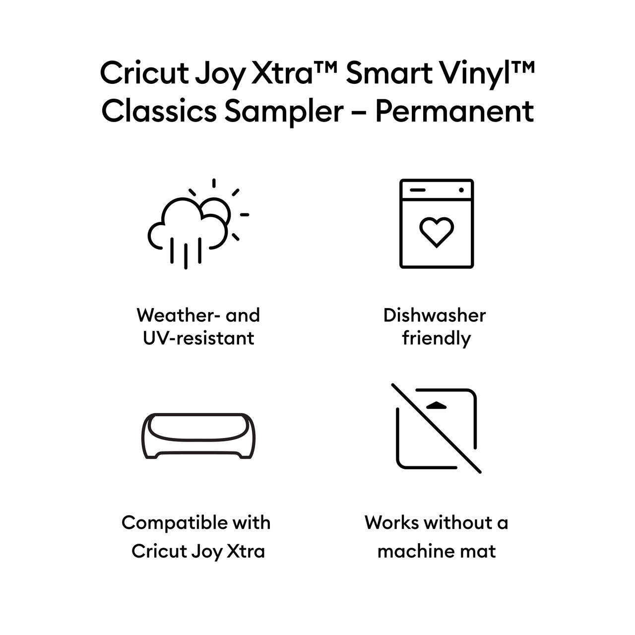 Infografik mit vier Symbolen und Text, der Cricut Joy Xtra Smart Vinyl beschreibt. Schwarze Linien auf weißem Grund.