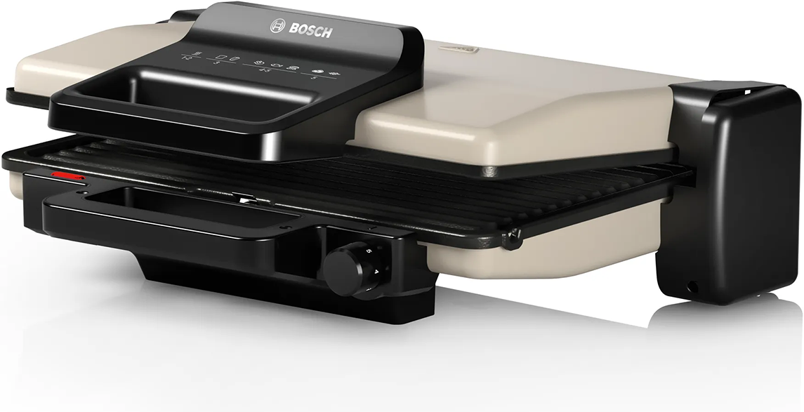 Egy fekete és bézs Bosch grill fehér felületen.