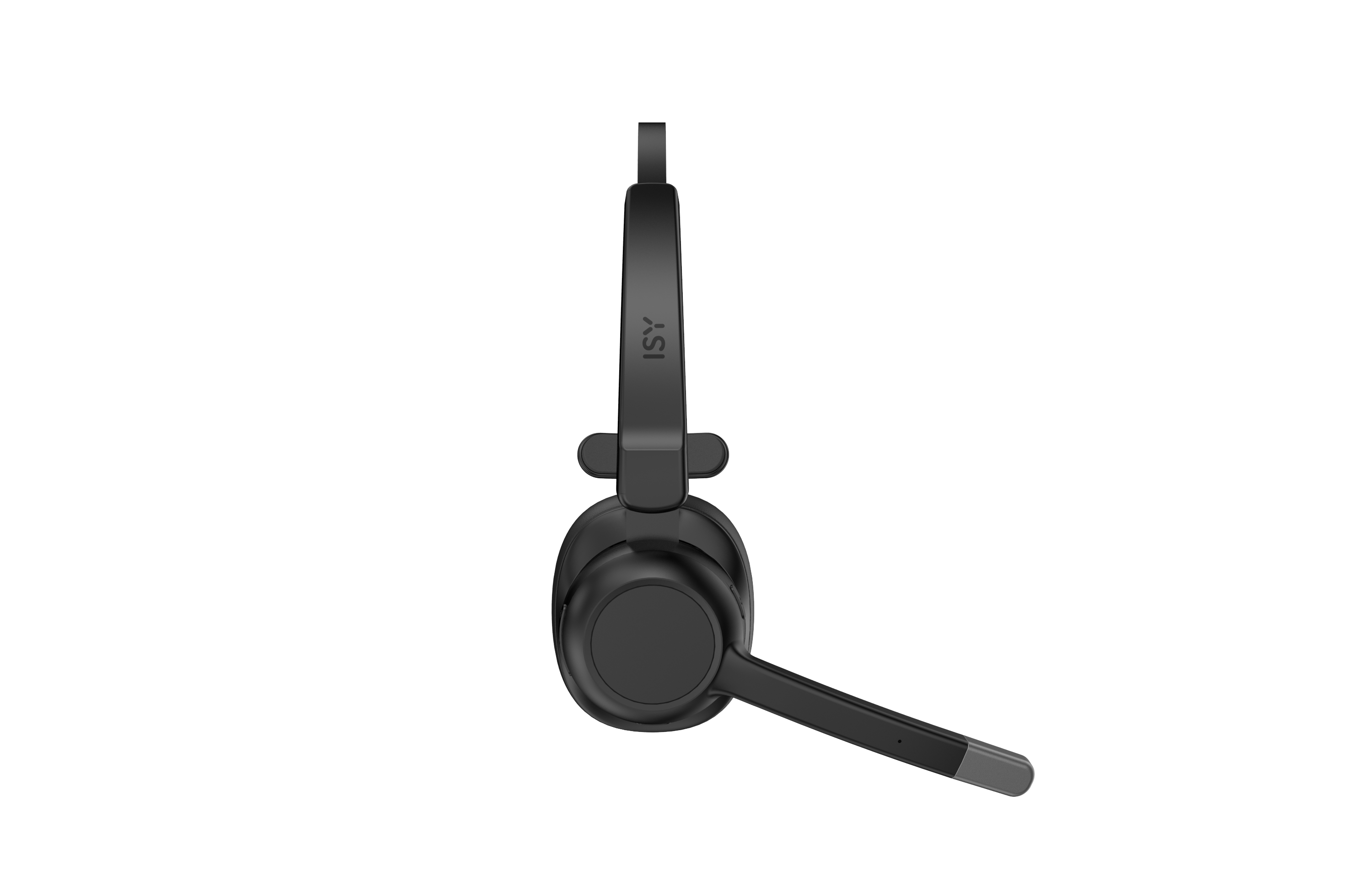Ein schwarzes Headset mit Mikrofon, von der Seite betrachtet.