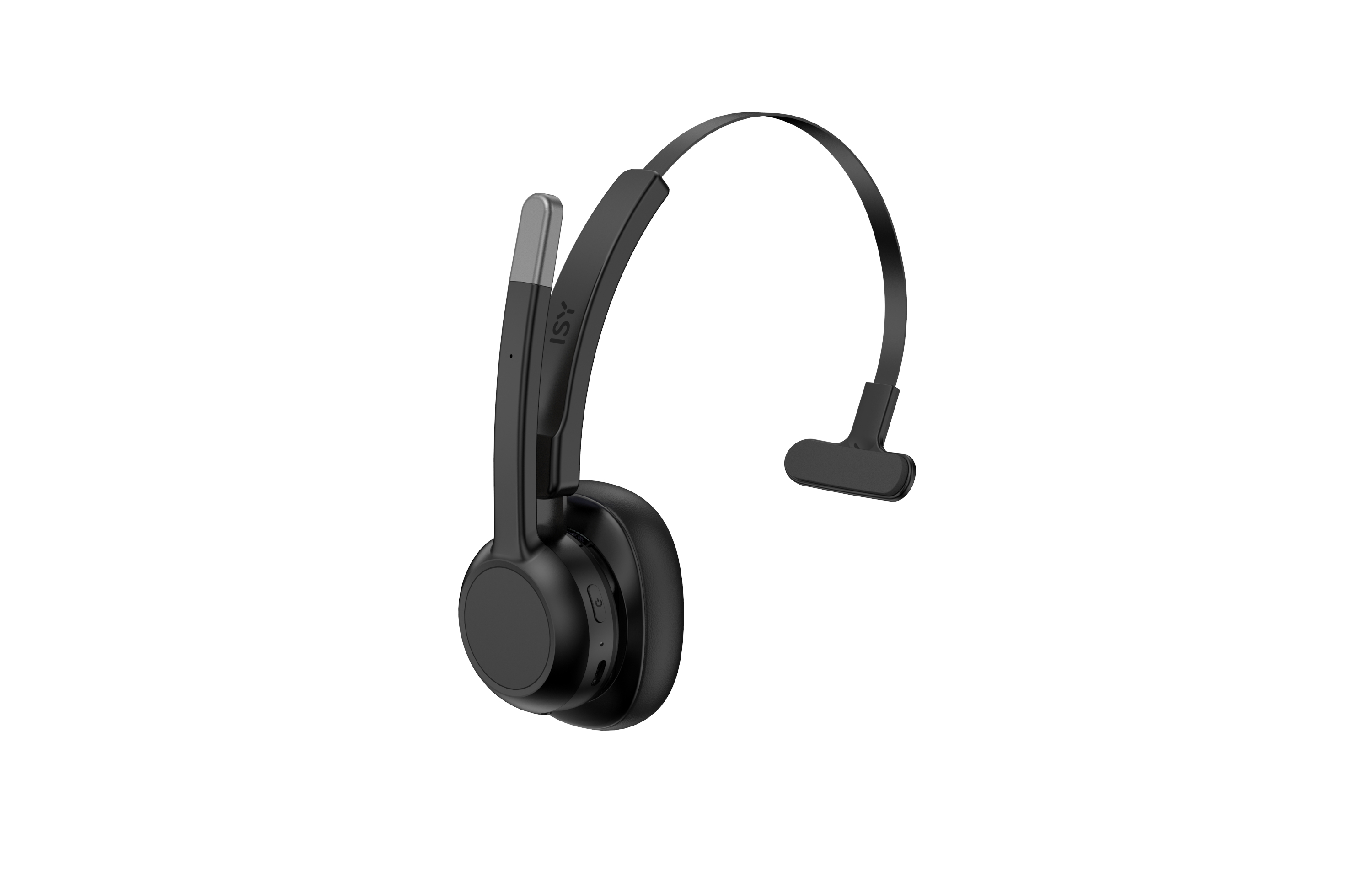 Ein schwarzes Headset mit Mikrofon, auf weißem Hintergrund.