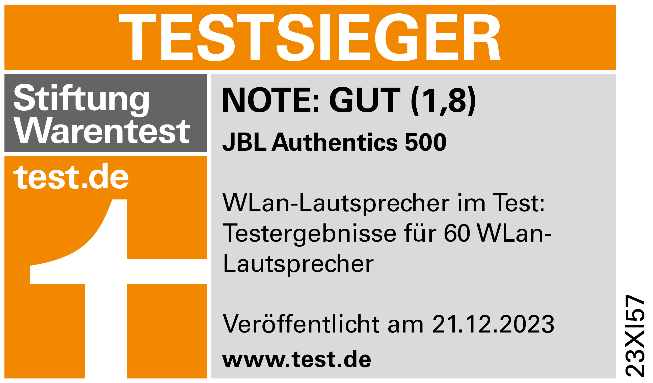 Un résultat de test allemand. Le texte indique : JBL Authentics 500, NOTE : BON (1,8), et logo test.de.
