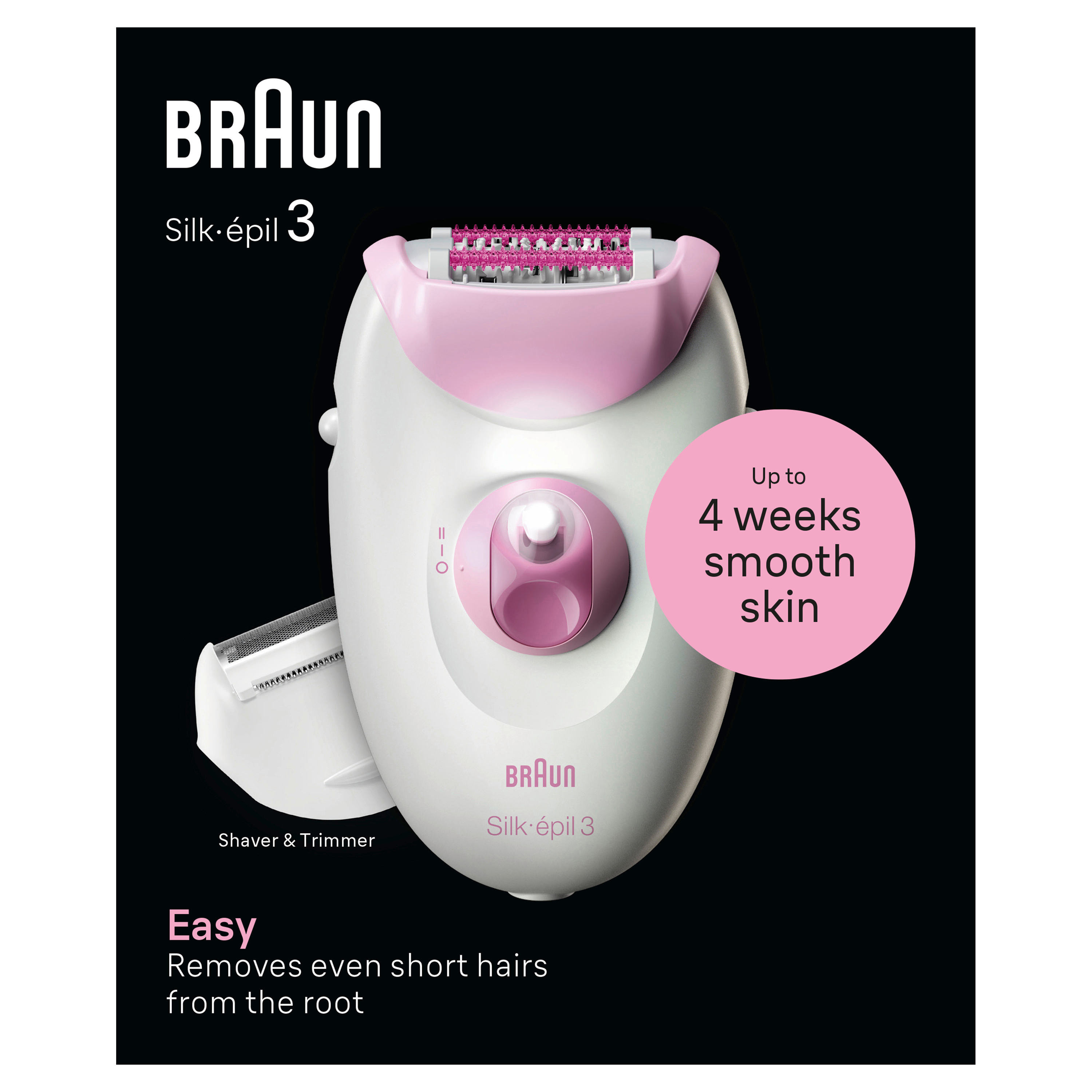 Braun Silk-épil 3 Epilierer, weiß und rosa, mit Rasierkopf.