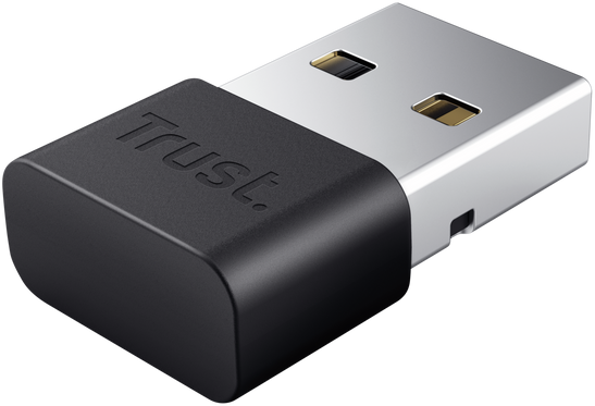 Fekete USB Bluetooth adapter Trust logóval, fehér háttérrel.