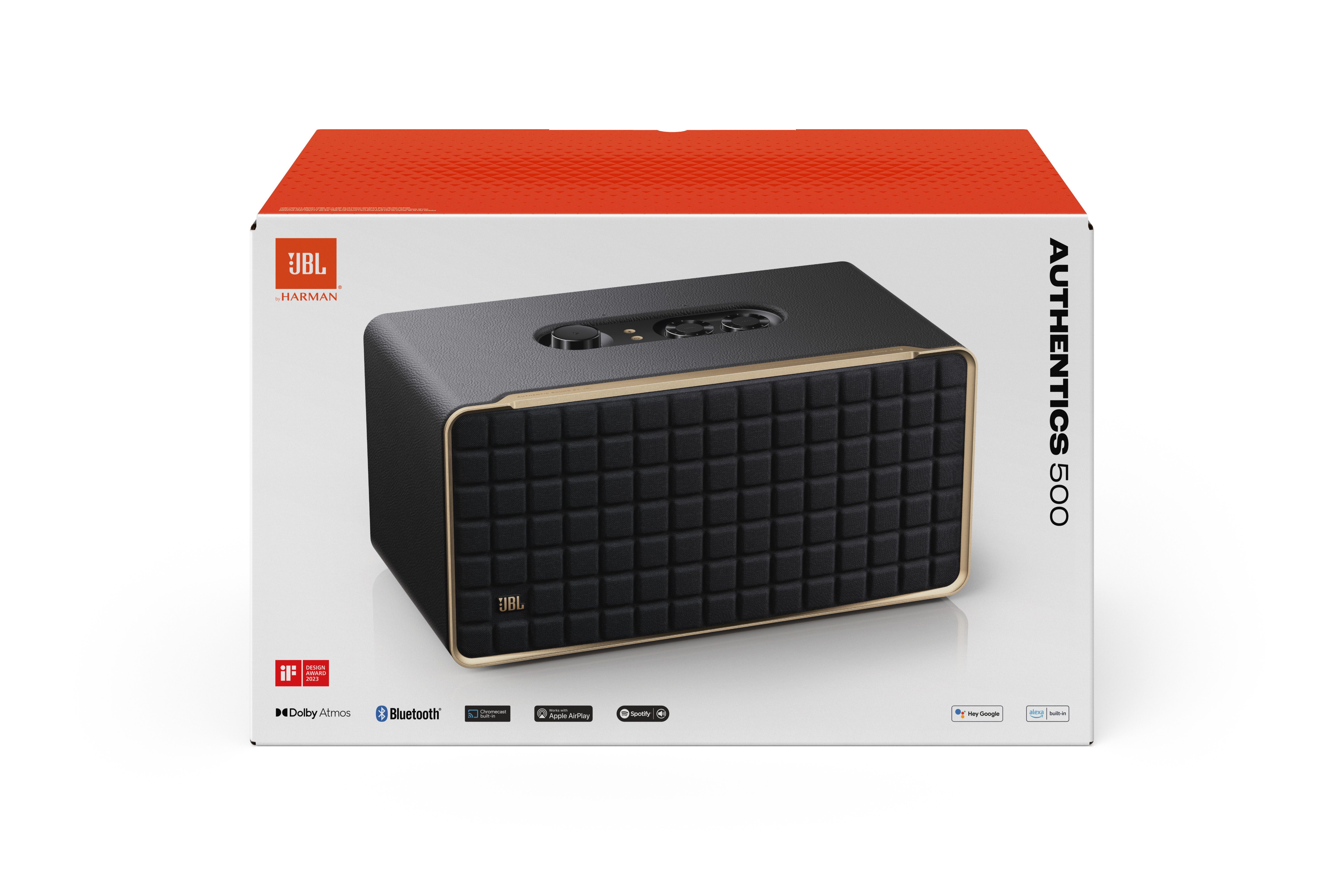 Enceinte JBL Authentics 500 dans une boîte rouge et blanche. Enceinte noire avec garniture dorée.