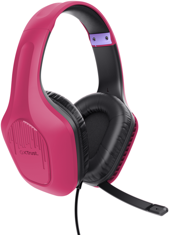 Rózsaszín gamer headset fekete fülhallgatókkal és mikrofonnal, átlátszó háttéren.