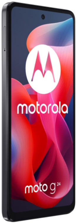 Czarny telefon Motorola z kolorową tapetą i logo marki.
