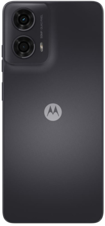 Szary tył smartfona Motorola, podwójny aparat, logo Motorola, teksturowana powierzchnia.