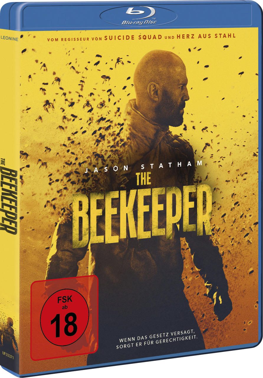 The Beekeeper Blu-Ray Cover mit Jason Statham und einem Bienenschwarm.