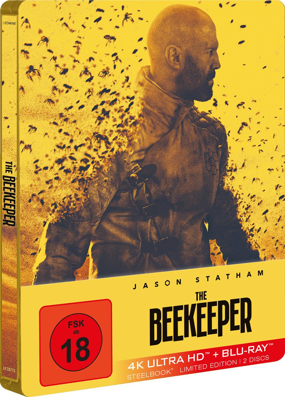 Filmcover von 'The Beekeeper' mit Jason Statham. Zeigt einen Mann, Bienen und einen gelb-schwarzen Hintergrund.
