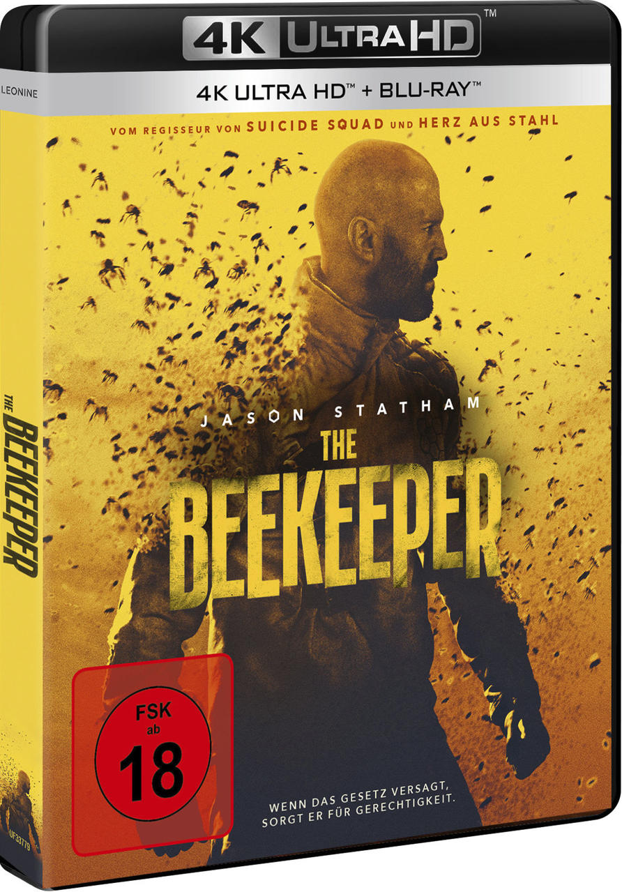 The Beekeeper Blu-ray-Hülle mit Jason Statham. Gelber Hintergrund, viele Bienen um ihn herum.