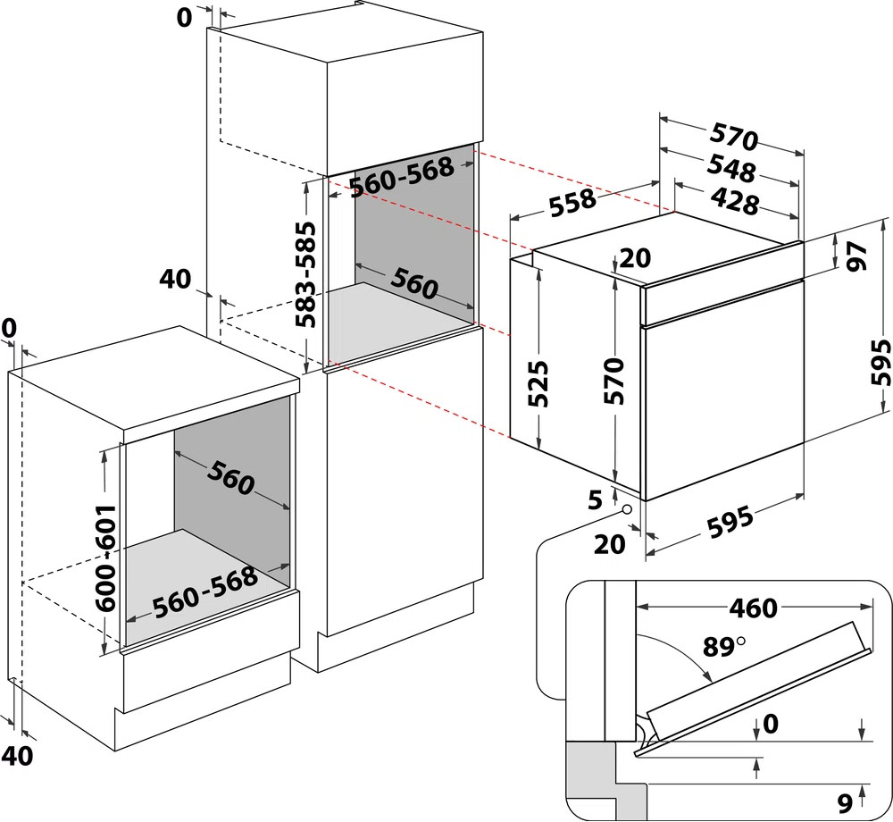 Technical drawing with dimensions. Showing a built-in oven and microwave.