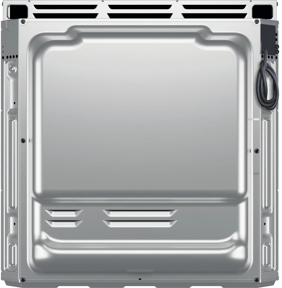 Back view of a stainless steel oven. Features a rectangular frame with several screws. A black cable is visible.