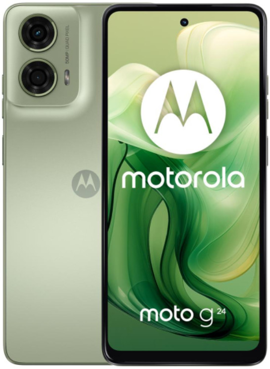 Zielony telefon Motorola z dwoma tylnymi aparatami i włączonym ekranem.