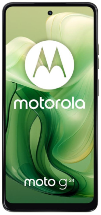 Telefon Motorola Moto G24 z zielonym gradientowym wyświetlaczem, białym logo. Czarna ramka.
