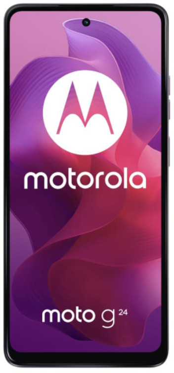 Smartfon Motorola Moto G24 z fioletowo-białym gradientowym tłem.